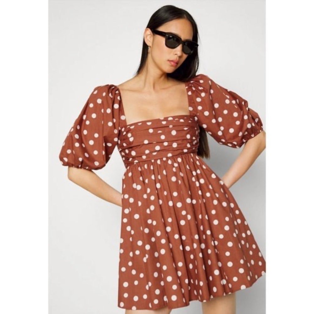 Abercrombie brown polka dot Emerson Poplin Puff Sleeve Mini Dress